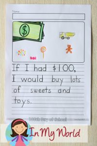 100th Day of School Worksheets and Activities for Kindergarten. If I had $100 I would... writing prompt