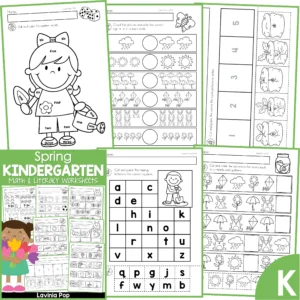 Kindergarten Spring Worksheets. Number words | Comparing quantities | Carrot life cycle | Alphabetical order | Patterns