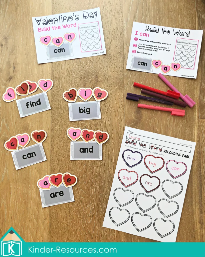 FREE Printable Sight Word Activity for Valentine's Day. Spelling center with recording page
