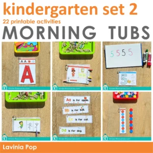 Kindergarten Morning Tubs Set 2 includes 22 printable activities for literacy, math, fine motor, and social-emotional learning. Perfect for hands-on morning bins, centers, or independent work in preschool and kindergarten classrooms. Free sample pages available on the blog.