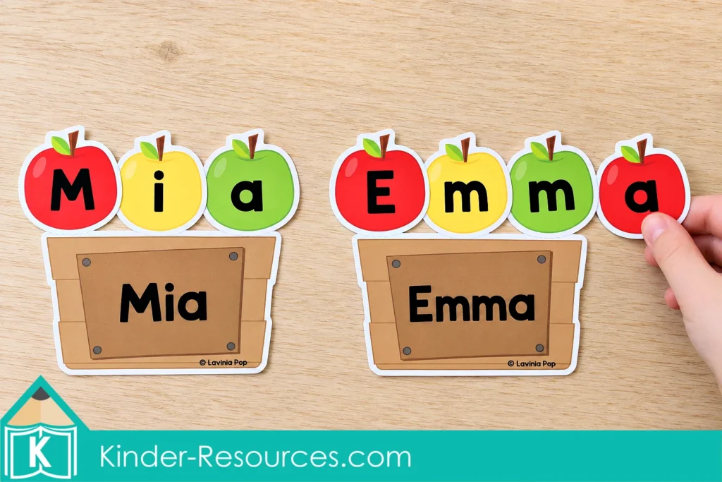 Apple letters spelling Mia and Emma above matching name crates, with a hand holding the final a in Emma.
