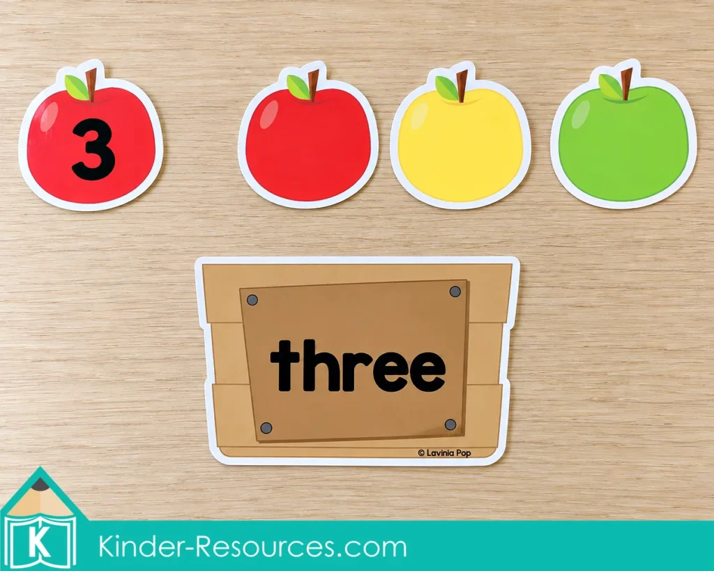Crate labeled three beneath an apple showing the numeral 3 and a separate group of three blank apples.