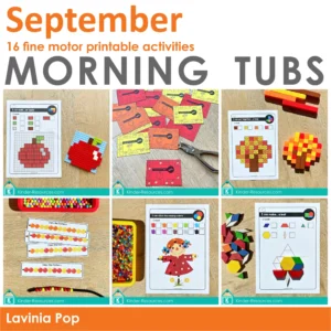 September fine motor morning tubs with printable activities including apples, leaves, pumpkins, beads, and pattern blocks.