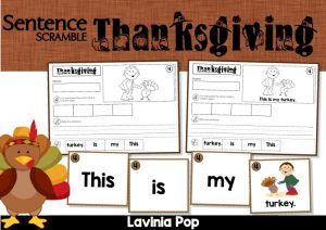 Thanksgiving sentence scramble activity with sentence cards and differentiated cut and paste worksheets for kindergarten and first grade literacy centers. Students build sentences like “This is my turkey.”