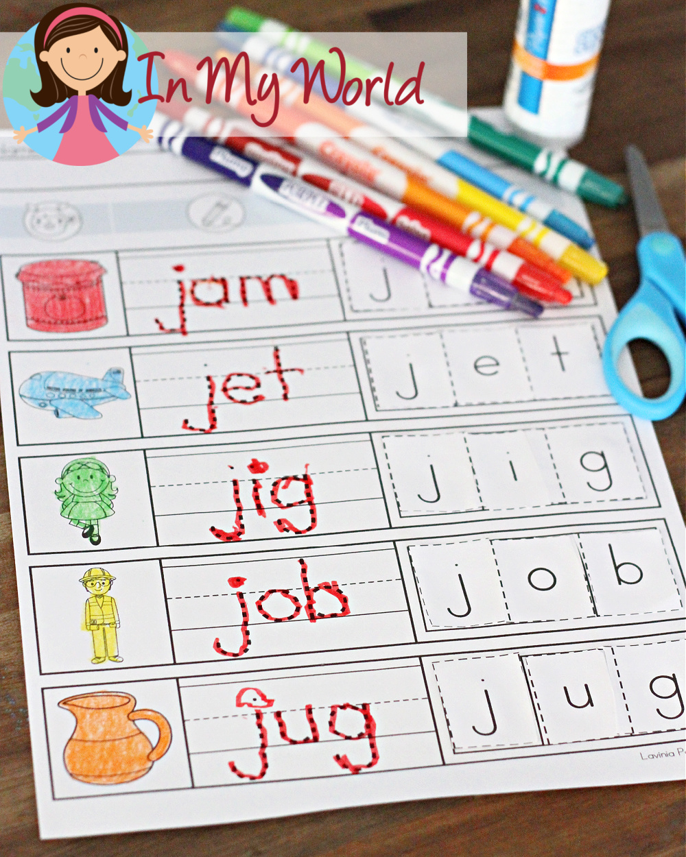 Preschool Letter J CVC worksheet cut paste In My World