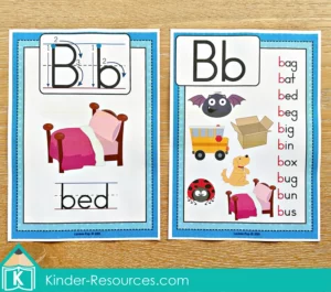 FREE Letter B phonics posters showing CVC words and correct letter formation from the free Phonics Letter of the Week B packet.