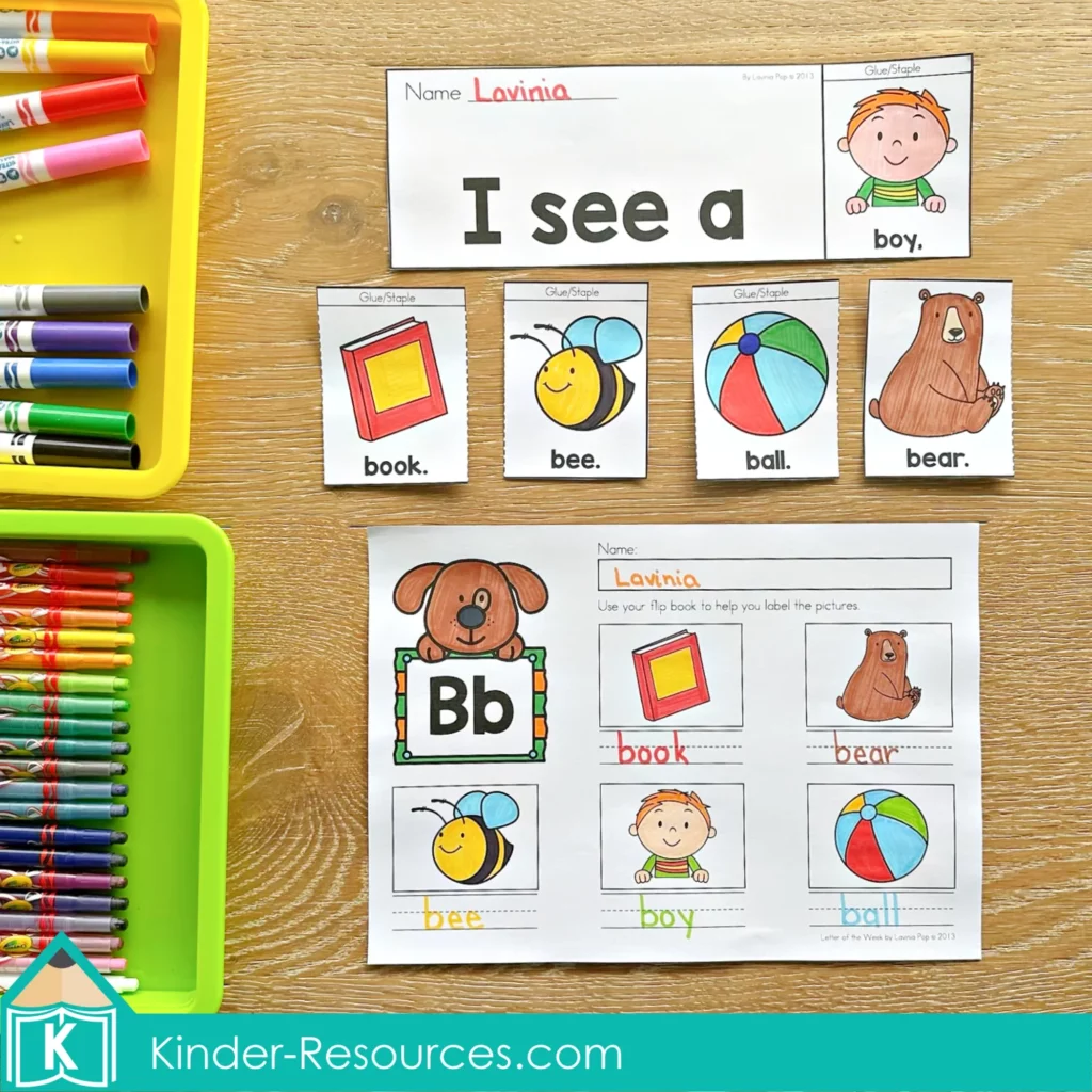 FREE Letter B flip book and labeling worksheet for phonics and vocabulary practice from the Phonics Letter of the Week B packet.