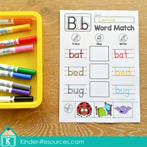 FREE Phonics activity for tracing, cutting, and writing CVC words beginning with B.