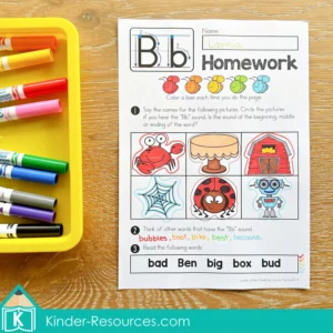FREE Letter B phonics homework worksheet from Phonics Letter of the Week pack. Children circle Bb pictures, think of Bb words, and read simple decodable words.