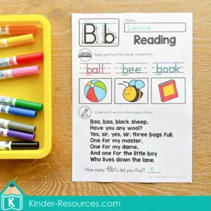 FREE Letter B reading worksheet with traceable words and nursery rhyme from Phonics Letter of the Week B activities.