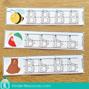 FREE Letter B handwriting practice strips with picture cues for fine motor and letter formation from the Phonics Letter of the Week B packet.