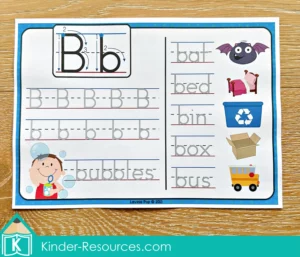 FREE Letter B worksheet with tracing, CVC word writing, and picture cues from the free Phonics Letter of the Week B packet.