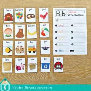 FREE Letter B vocabulary cards and Write the Room worksheet for phonics and handwriting practice from the Phonics Letter of the Week B packet.