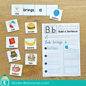 FREE Letter B build a sentence worksheet with word cards for sentence building and handwriting practice.