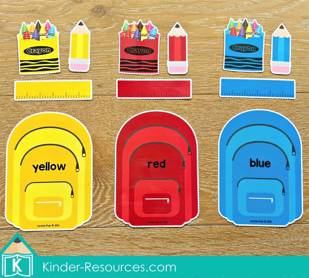 Back to School Math Centers for Kindergarten. Sorting School Items to Backpacks by Color