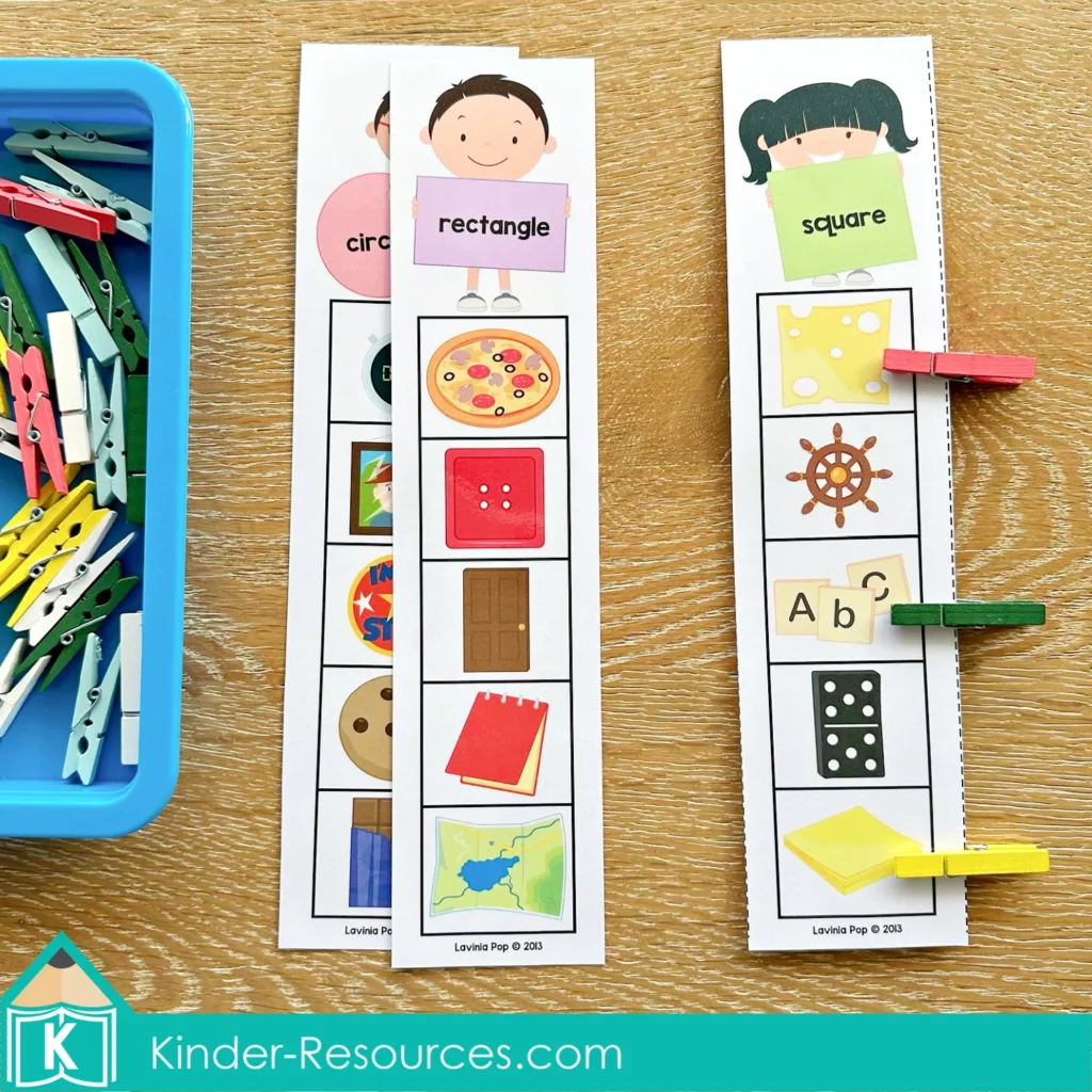 Back to School Math Centers for Kindergarten. 2D shapes in real life clip cards.