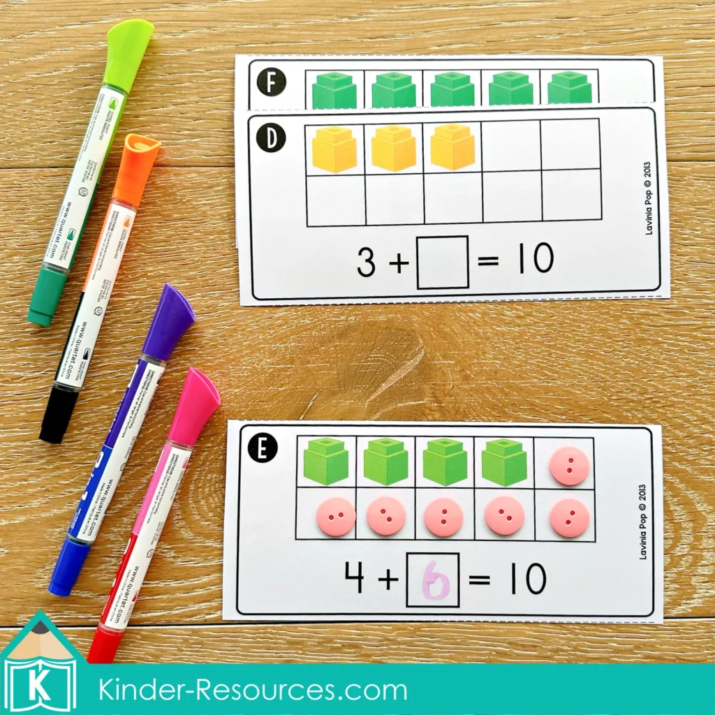 Back to School Math Centers for Kindergarten. Ten Fram Addition with buttons.