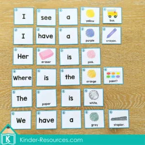 Back to School Sentence Scramble word cards with classroom vocabulary like ruler, crayon, backpack, and globe for pocket chart sentences