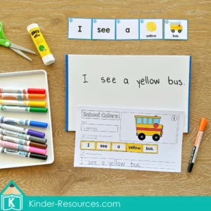 Back to School Sentence Scramble literacy center with cut and paste worksheet, school bus word cards, and student writing activity