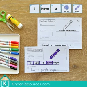 Back to School Sentence Scramble cut and paste worksheet with crayon vocabulary cards for building sentences