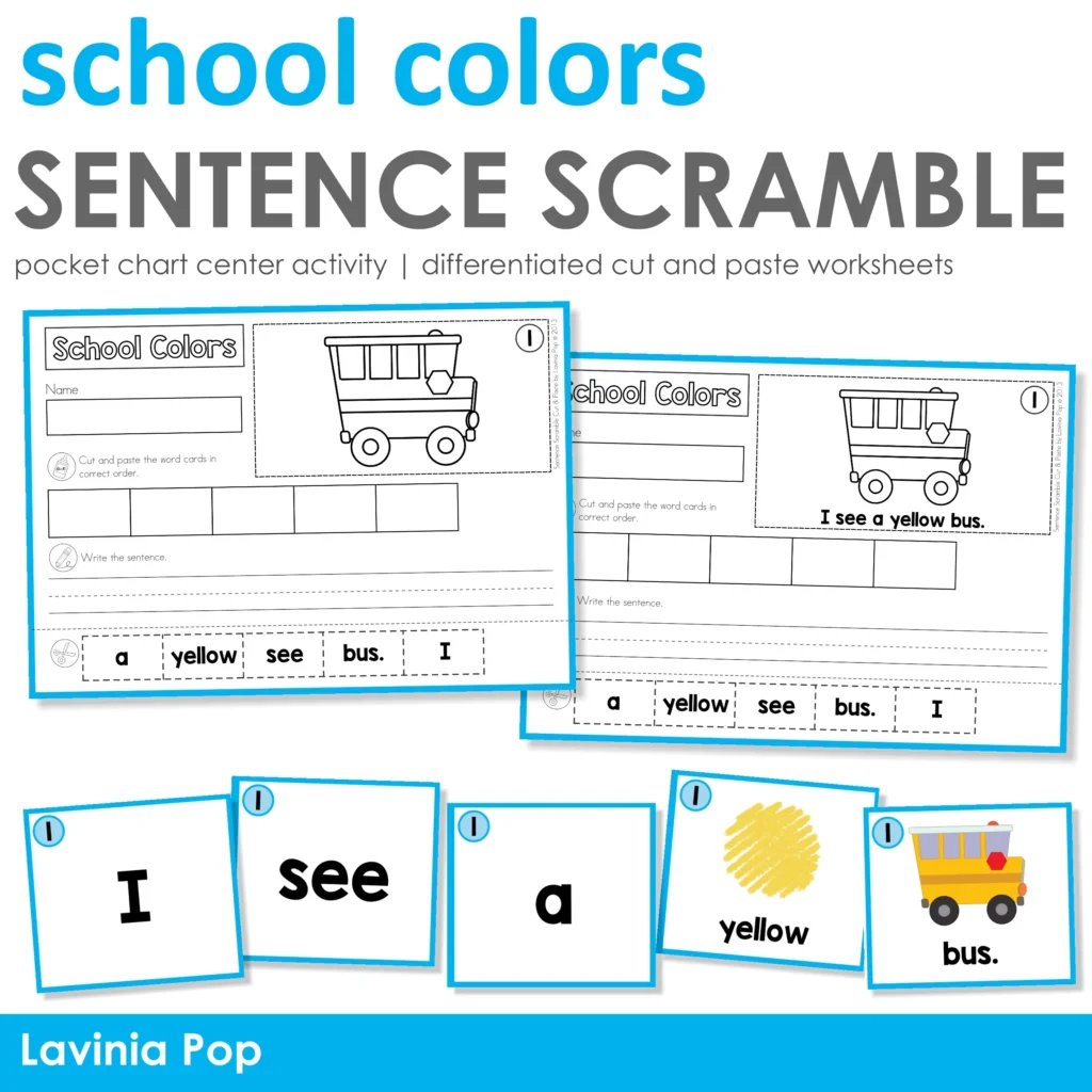Back to School Sentence Scramble Center Activity with Worksheets. Download FREE pages!