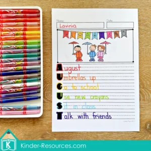 August Writing Journal Prompts for Kindergarten and Grade 1. In this poetry activity, students create an acrostic using the word "August" to reflect on seasonal themes. Encourages word choice and creativity. Free pages to download included in the post.