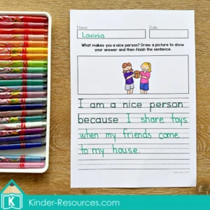 August Writing Journal Prompts for Kindergarten and Grade 1. Students reflect on their actions and describe what makes them kind in this open ended opinion writing task. Encourages thoughtful responses and sentence expansion. Free pages to download included in the post.