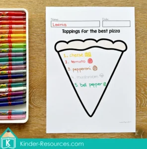 August Writing Journal Prompts for Kindergarten and Grade 1. Children list their favorite pizza toppings while practicing handwriting and organizing ideas. A fun and engaging writing activity for early learners. Free pages to download included in the post.