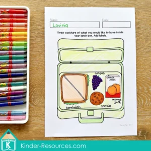 August Writing Journal Prompts for Kindergarten and Grade 1. This back to school lunchbox writing prompt invites children to draw and label their favorite foods. A fun way to build vocabulary, sentence skills, and creativity. Free pages to download included in the post.