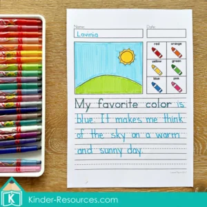 August Writing Journal Prompts for Kindergarten and Grade 1. With a simple sentence starter and visual support, this writing prompt helps students write about and illustrate their favorite color. Free pages to download included in the post.