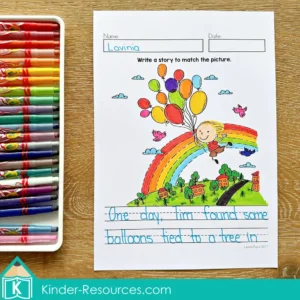 August Writing Journal Prompts for Kindergarten and Grade 1. Students write a creative story based on the picture of a child flying with balloons. This imaginative narrative prompt encourages storytelling, sequencing, and colorful illustrations. Free pages to download included in the post.