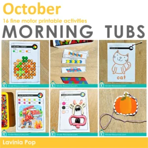 October fine motor morning tubs for preschool and kindergarten, 16 printable activities including playdough mats, lacing cards, pom pom tasks, pattern blocks, dot markers, hole punch cards, and cutting strips
