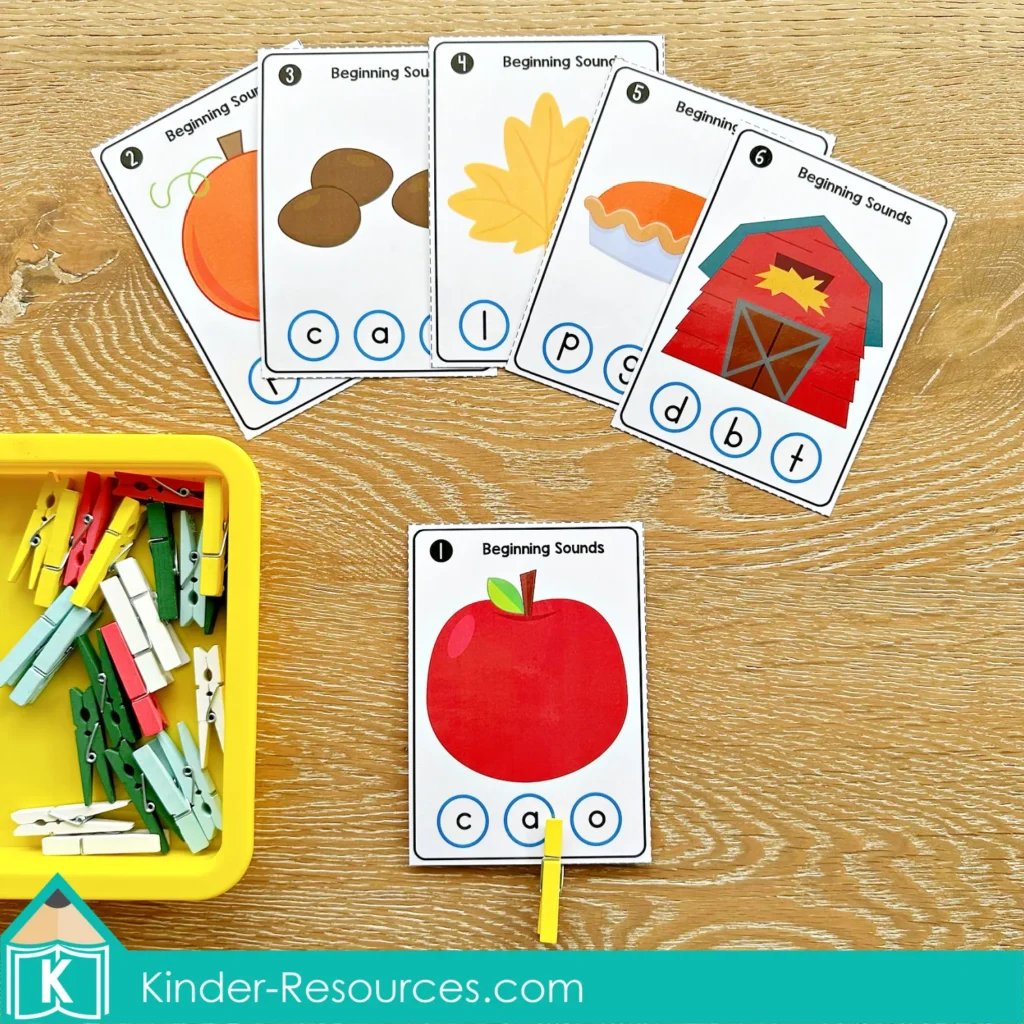 Kindergarten Literacy Centers Autumn Fall Beginning Sounds
