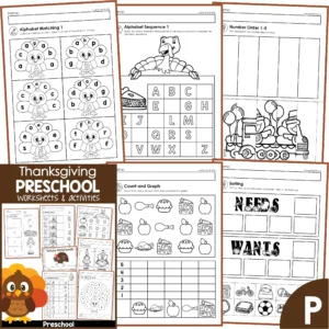 Thanksgiving Preschool Kindergarten Printable Worksheets and Activities Math Literacy No Prep