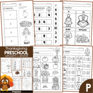 Thanksgiving Preschool Kindergarten Printable Worksheets and Activities Math Literacy No Prep