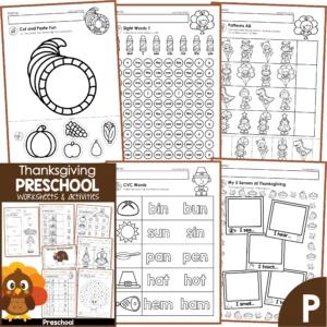 Thanksgiving Preschool Kindergarten Printable Worksheets and Activities Math Literacy No Prep