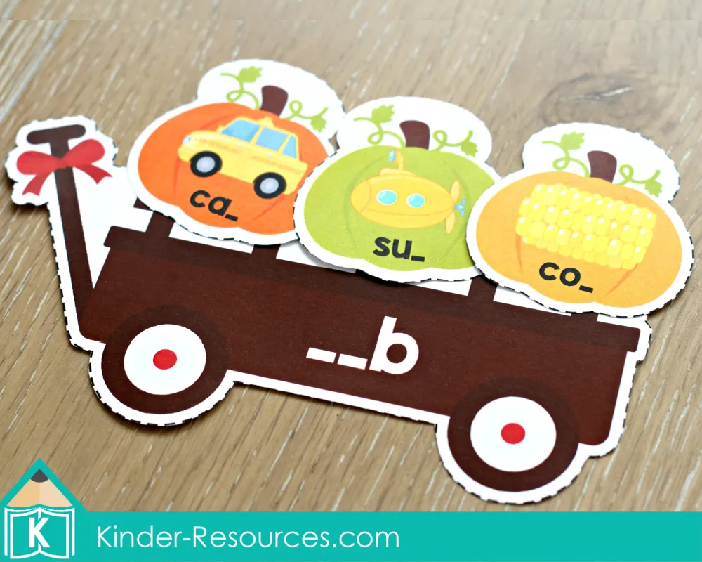 Thanksgiving Literacy Centers for Kindergarten Pumpkin CVC ending sounds