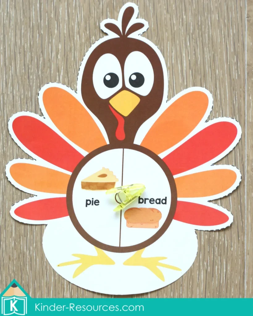 Thanksgiving Literacy Centers for Kindergarten Turkey spin and rhyme activity