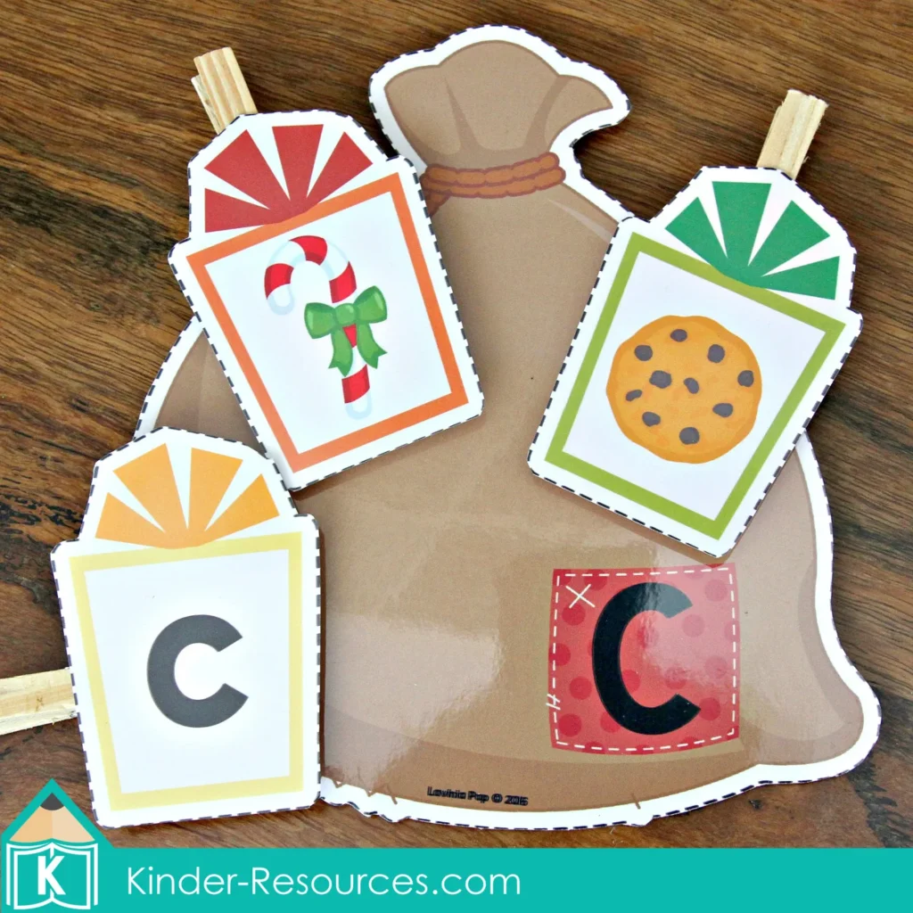 Christmas Preschool Centers Santa's Sack and Gifts Alphabet and Beginning Sounds