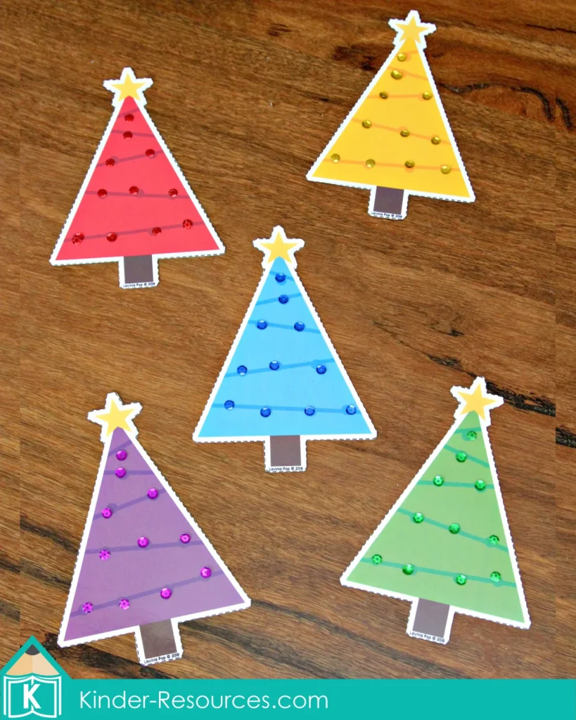 Christmas Preschool Centers Sorting Sequins by Color to the Matching Trees