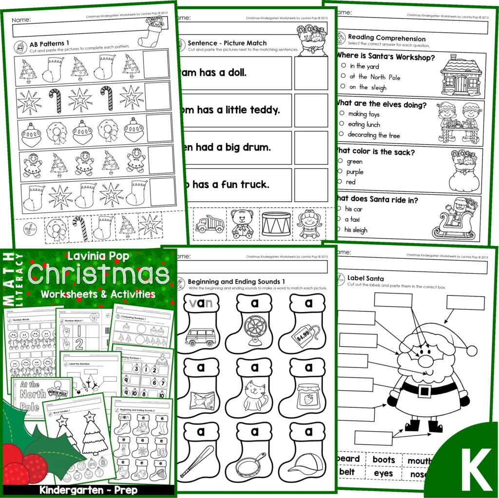 A set of Christmas No Prep printable math and literacy worksheets for Kindergarten.