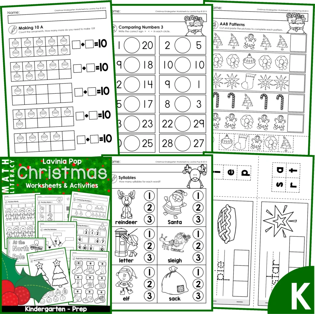 A set of Christmas No Prep printable math and literacy worksheets for Kindergarten.