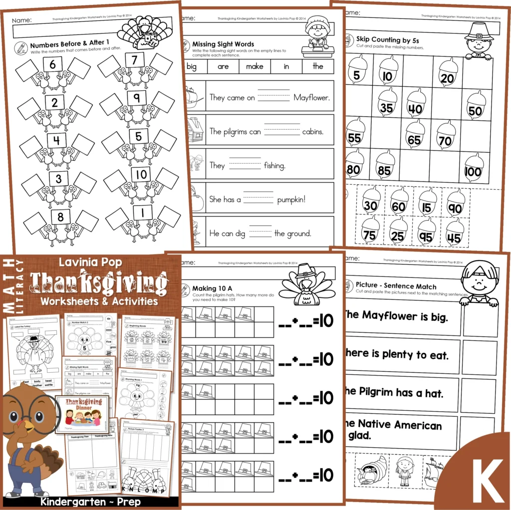 Thanksgiving Kindergarten Printable Worksheets and Activities No Prep