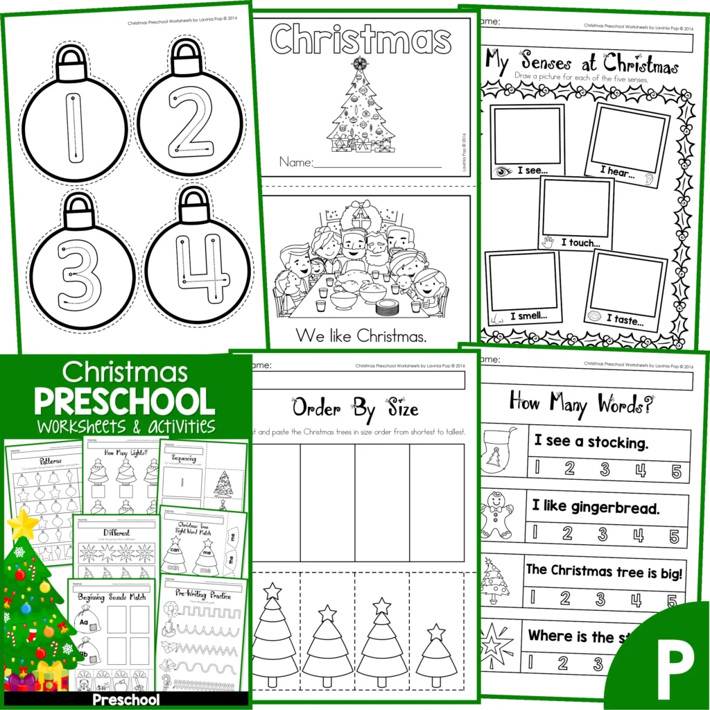 Christmas Math and Literacy Worksheets for Preschool. Number Tracing | Emergent Reader | Senses at Christmas | Order by Size | Counting Words