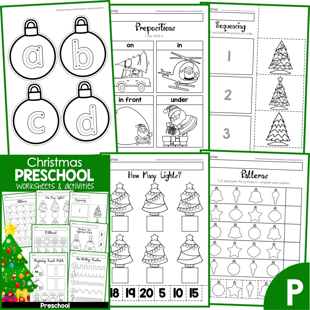 Christmas Math and Literacy Worksheets for Preschool. Alphabet Tracing | Prepositions | Sequencing | Counting | AB Patterns