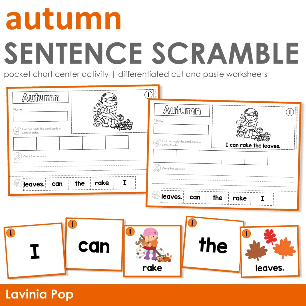 Autumn Sentence Scramble Pocket Chart Activity with Cut and Paste Worksheets.