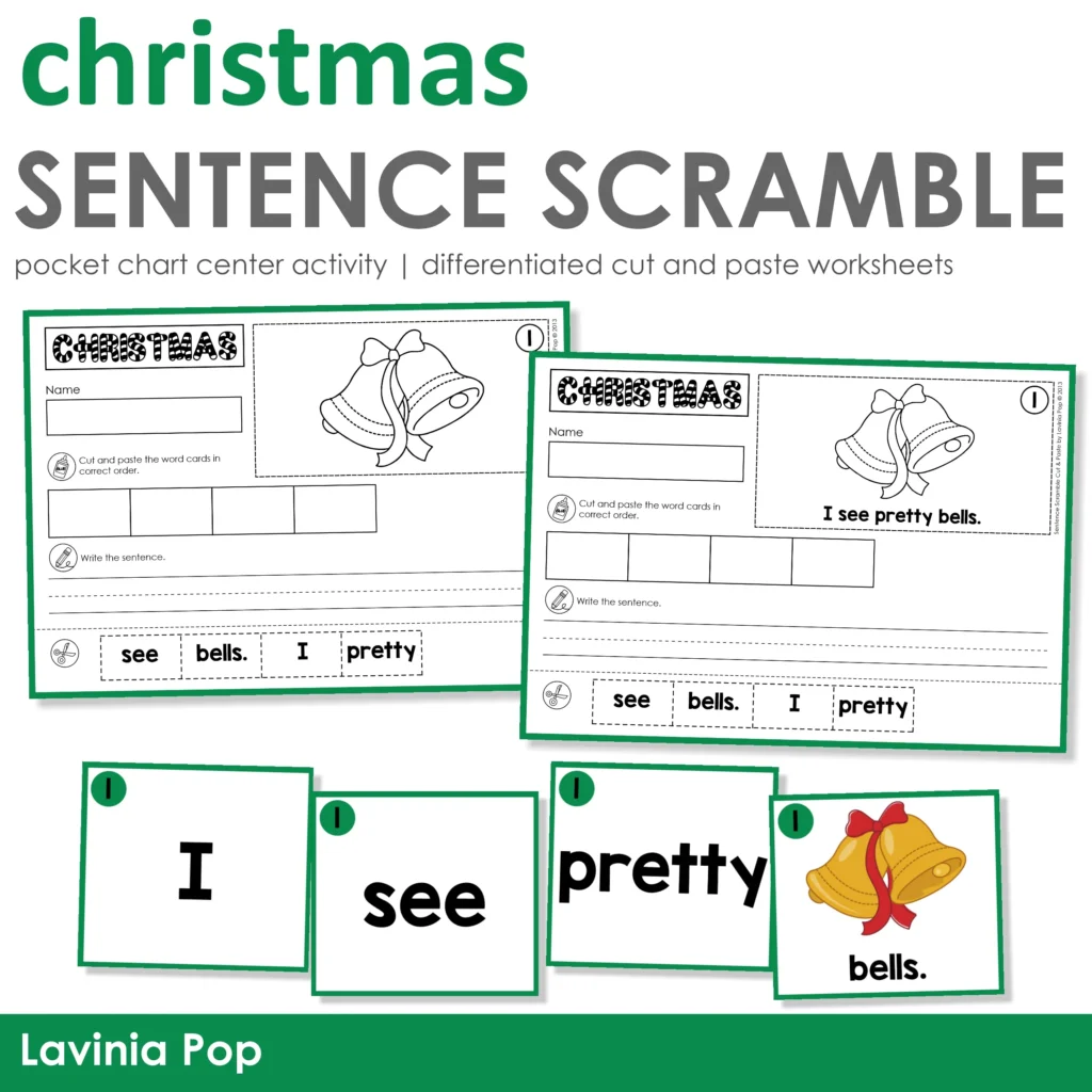 Christmas Sentence Scramble Pocket Chart Center Activity with Cut and Paste Worksheets