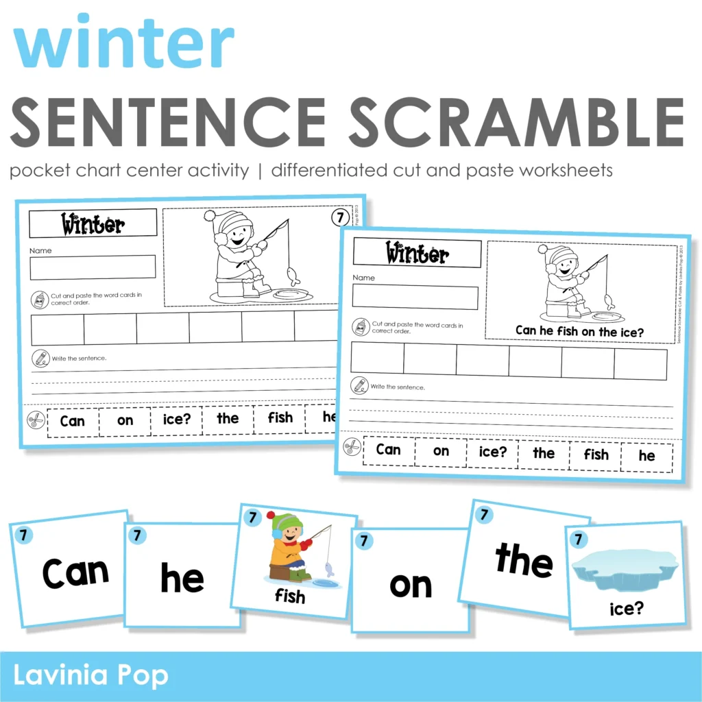 Winter Sentence Scramble Pocket Chart Activity with Cut and Paste Worksheets.