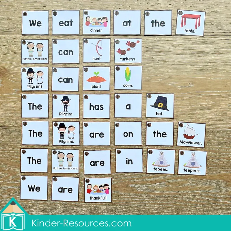 Thankgiving Sentence Scramble Pocket Chart Center Activity with Cut and Paste Worksheets