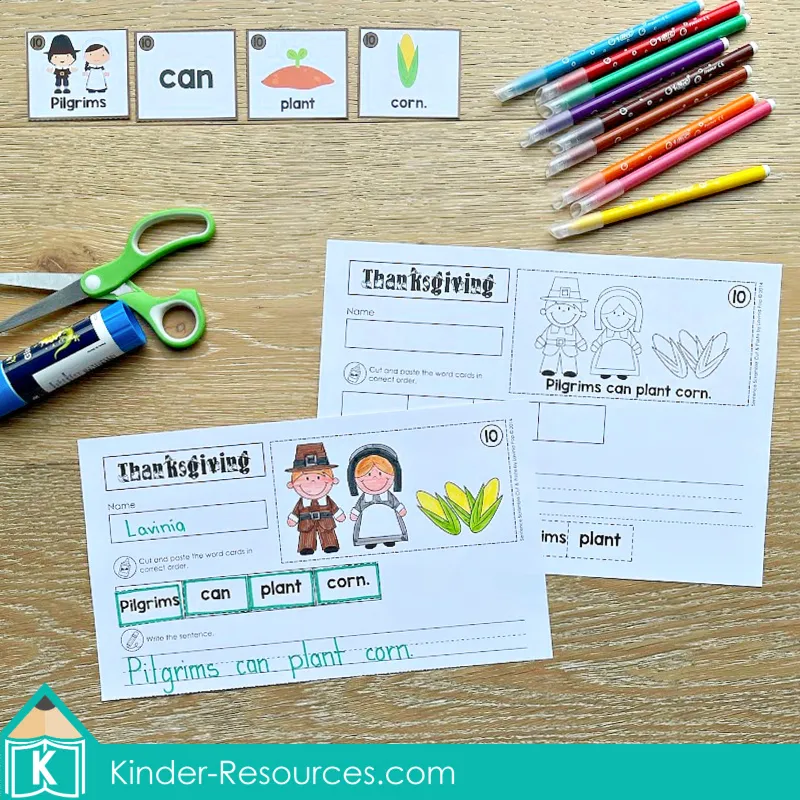 Thankgiving Sentence Scramble Pocket Chart Center Activity with Cut and Paste Worksheets